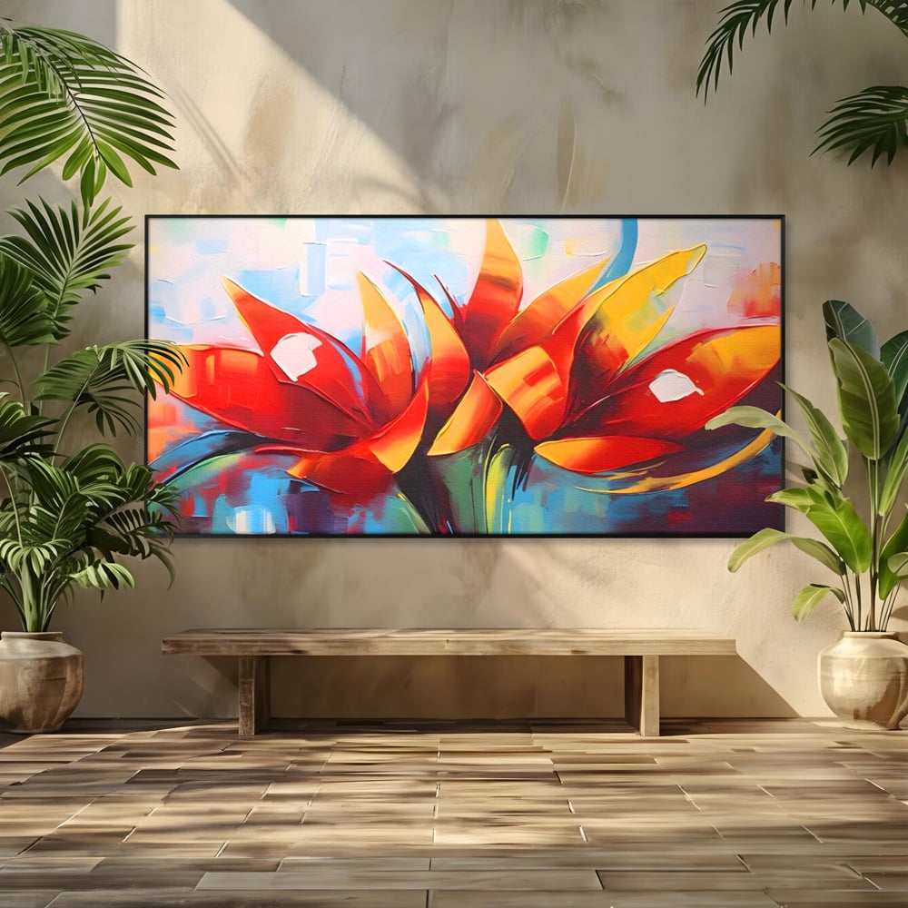 Tablou canvas cu pictura abstracta cu flori portocalii, in rama de aluminiu negru
